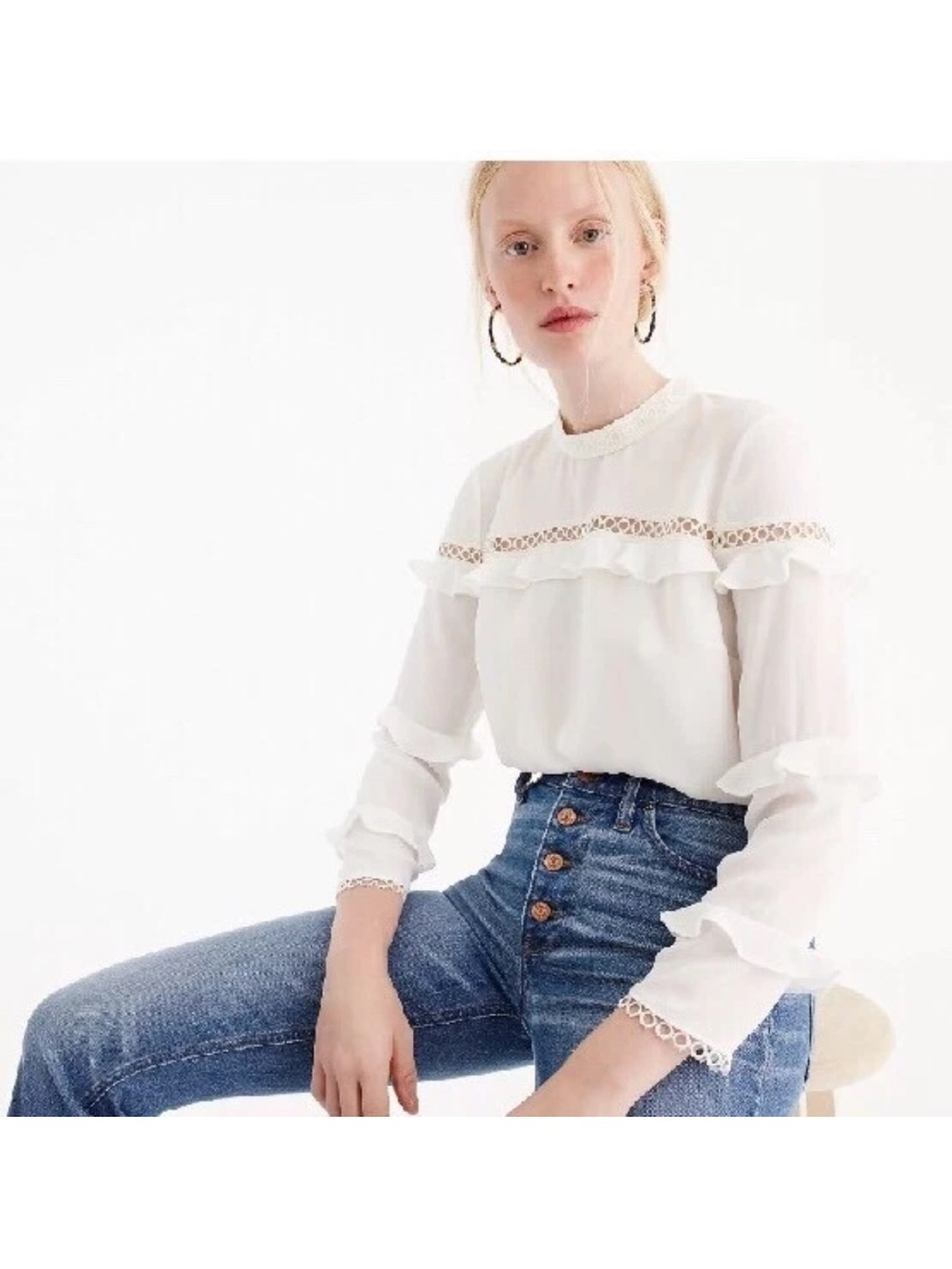 J. Crew Size 8 Blouse Tiered Ruffle Top Scalloped Lace Trim White Feminine